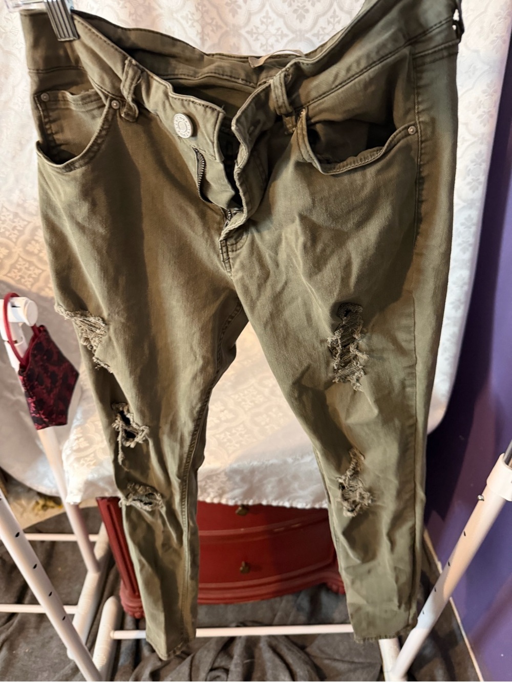 refuge Olive Green Distressed Skinny Jeans